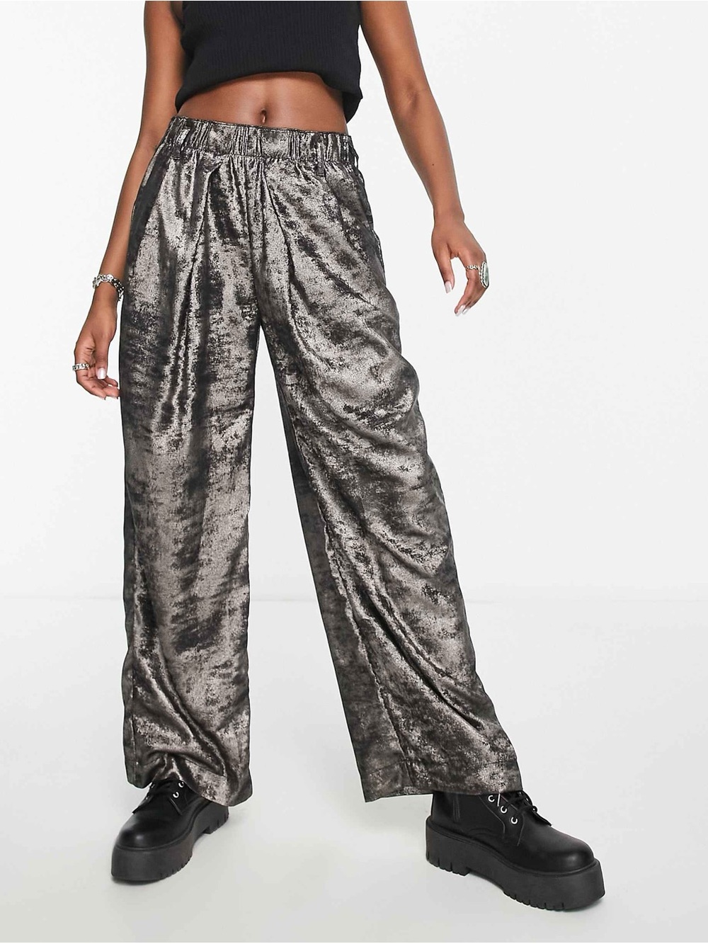 Free People Metallic Wide-Leg Pants - Silver